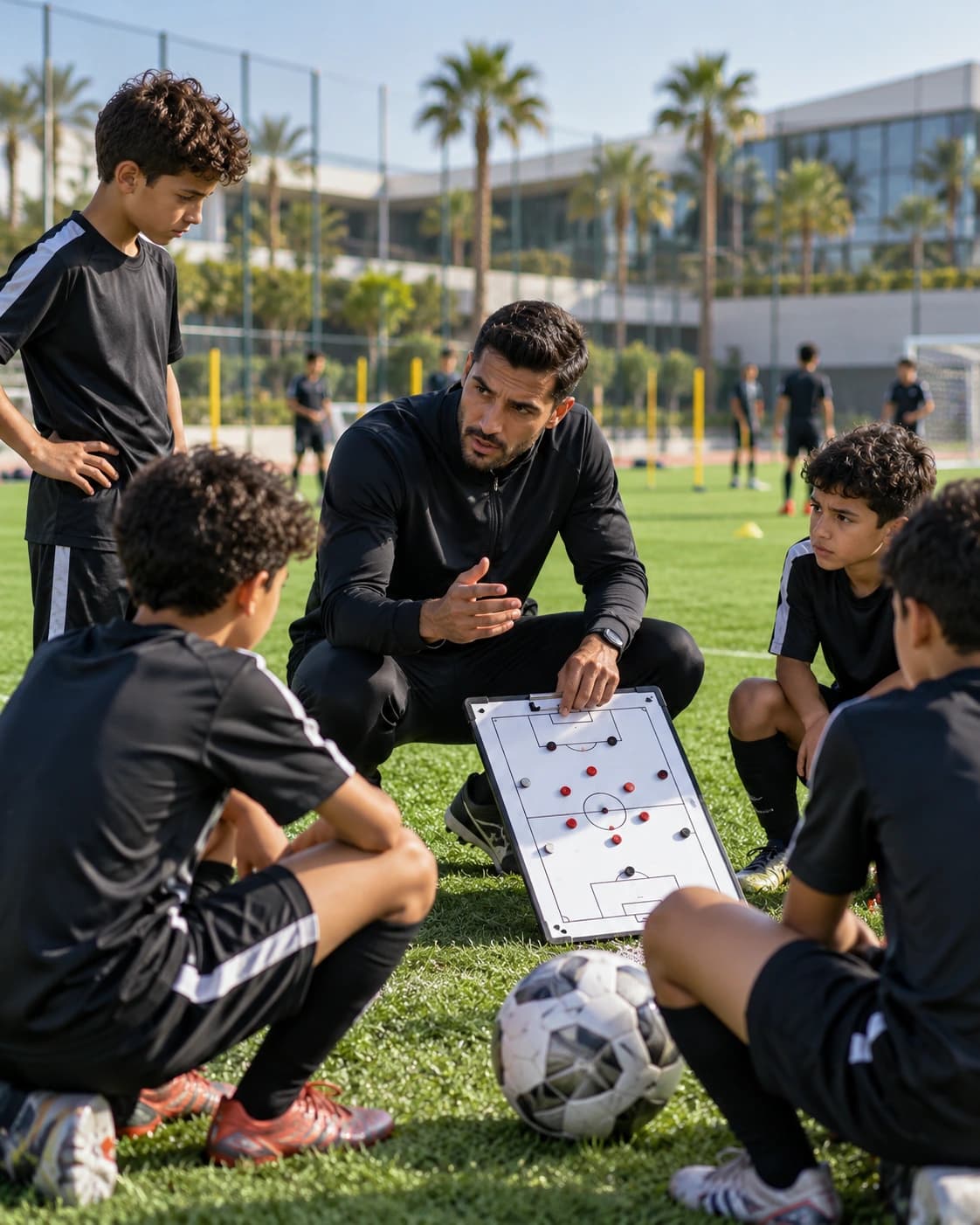 Coach entouré de jeunes joueurs de l’AREA Football Academy